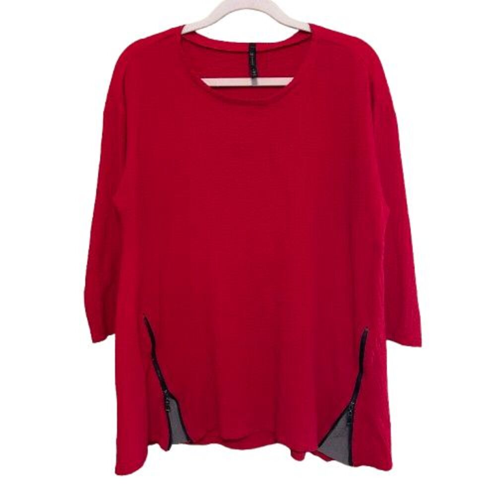 IC Connie K Tunic Top Women Large Red Textured Zipper Trim Art to Wear Lagenlook